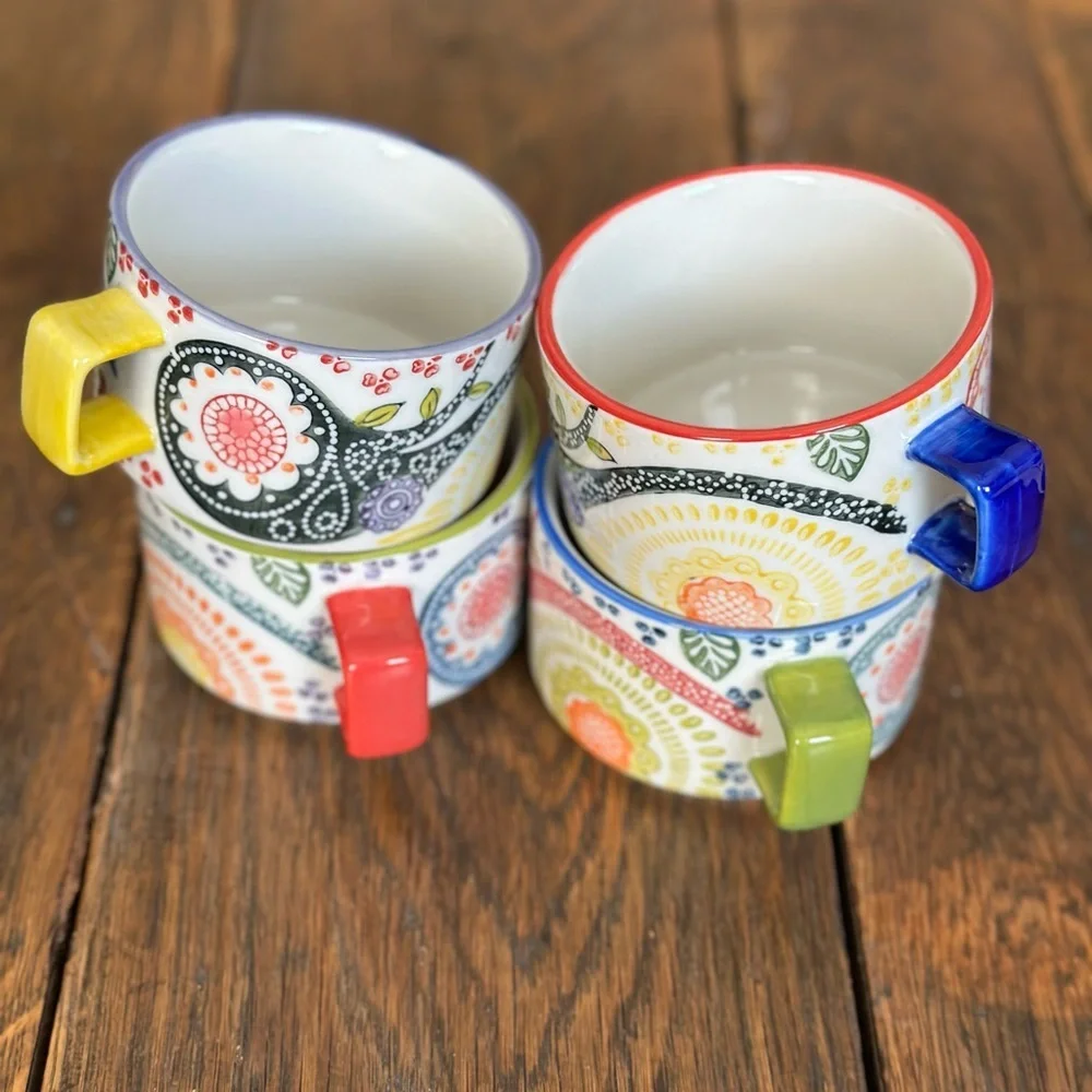 Pier 1 Hand Painted Paisley Stacking Porcelain Mugs With Square Handles
